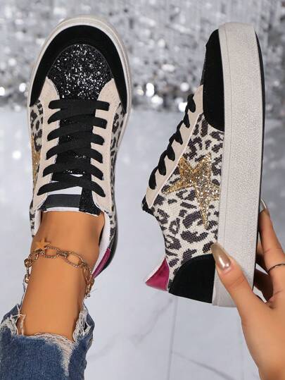 Women's Round Toe Leopard Print Casual Sneakers With Sequins Stars Decor, Black, Autumn