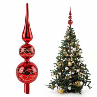 Topper pentru brad de Crăciun - tulpina înălțime de 32 cm, sticlă reflectorizantă de culoare roșie, pentru copac sferic - decorare pentru brad de Crăciun, ornament din sticlă cu sclipici - decorațiuni pentru copac pentru petrecere de Crăciun