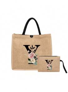 两件套亚麻手提袋，包括一个印有 A-Z 字母的大号手提袋和一个小号字母手提袋，适合海滩、多用途携带、可重复使用购物、个性化礼物、母亲节礼物 - 黄色亚麻黑色手提袋 - 卡其色 - 查看 18