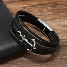 Bracelet mode pour homme , bracelet multi-fonction cool tressé multi-couches avec boucle magnétique à ancre pour homme