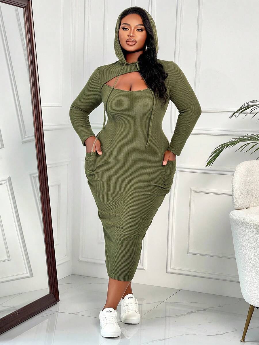 BIUBIU 大码秋冬款纯色舒适连帽套头镂空修身连衣裙 - 綠色 - 查看 1