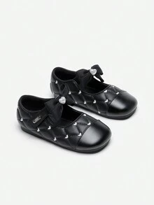 Annil 女童公主鞋，儿童漆皮软底时尚小女孩银色平底鞋，带蝴蝶结和心形图案，舒适柔软透气平底凉鞋，适合休闲穿着和百搭搭配 - 黑色 - 查看 2