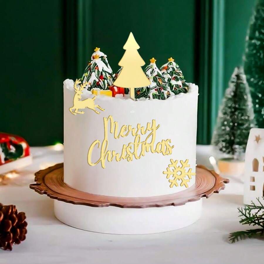 4pcs/Set Acrylic Cake Toopers Christmas Tree Elk Snowflake,For Merry