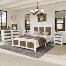MERAX 4-Pieces Bedroom Sets, Queen Size Farmhouse Platform Bed With Wooden Strip Decoration, Storage Nightstand And Dresser With Metal Handle - 白色 - 查看 2