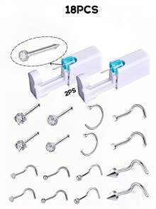 18 件/套无菌鼻穿孔套装，一次性低痛鼻钉枪，内置鼻钉，粉色/白色/黑色/紫色/青绿色/红色，20G 8 件混合不锈钢鼻环套装，穿孔美容工具及配件，适用于男士、女士、学生 - 銀色 - 查看 15