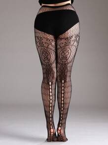 1 pieza Medias de red sin costuras de alta elasticidad y de talla grande, medias negras de red con diseño jacquard sexy para disfraz de Halloween para mujeres - Negro - Ver 3