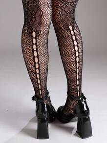 1 pieza Medias de red sin costuras de alta elasticidad y de talla grande, medias negras de red con diseño jacquard sexy para disfraz de Halloween para mujeres - Negro - Ver 6