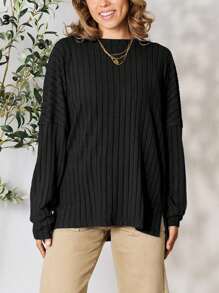 Women's Casual Sweater Oversized Pullover Daily Sweater Royal Blue Solid Color Soft Knit Fabric Long Sleeve Pullover Style Relaxed Fit Crew Neckline Hip-Length Ribbed Pattern Fall/Winter Comfortable And Cozy Ideal For Casual Outings Or Layering - 黑色 - 查看 1