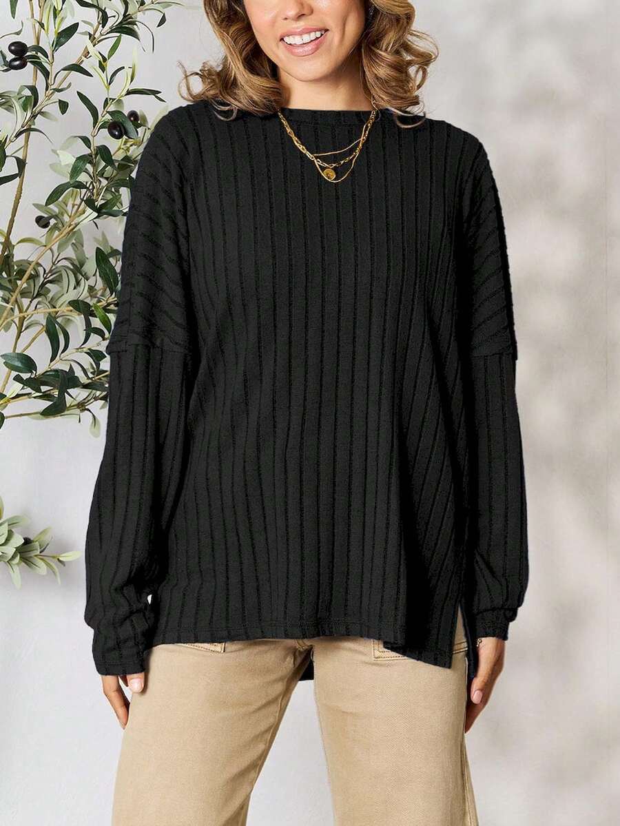 Women's Casual Sweater Oversized Pullover Daily Sweater Royal Blue Solid Color Soft Knit Fabric Long Sleeve Pullover Style Relaxed Fit Crew Neckline Hip-Length Ribbed Pattern Fall/Winter Comfortable And Cozy Ideal For Casual Outings Or Layering - 黑色 - 查看 1