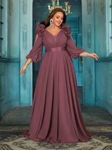 Simple Daily Spring Summer Women Formal Dress Elegant Plus Size Evening Gown For Wedding Guest, Dinner Party, Anniversary Celebration Solid Color Chiffon V-Neck Maxi Gowns - 珊瑚粉 - 查看 6