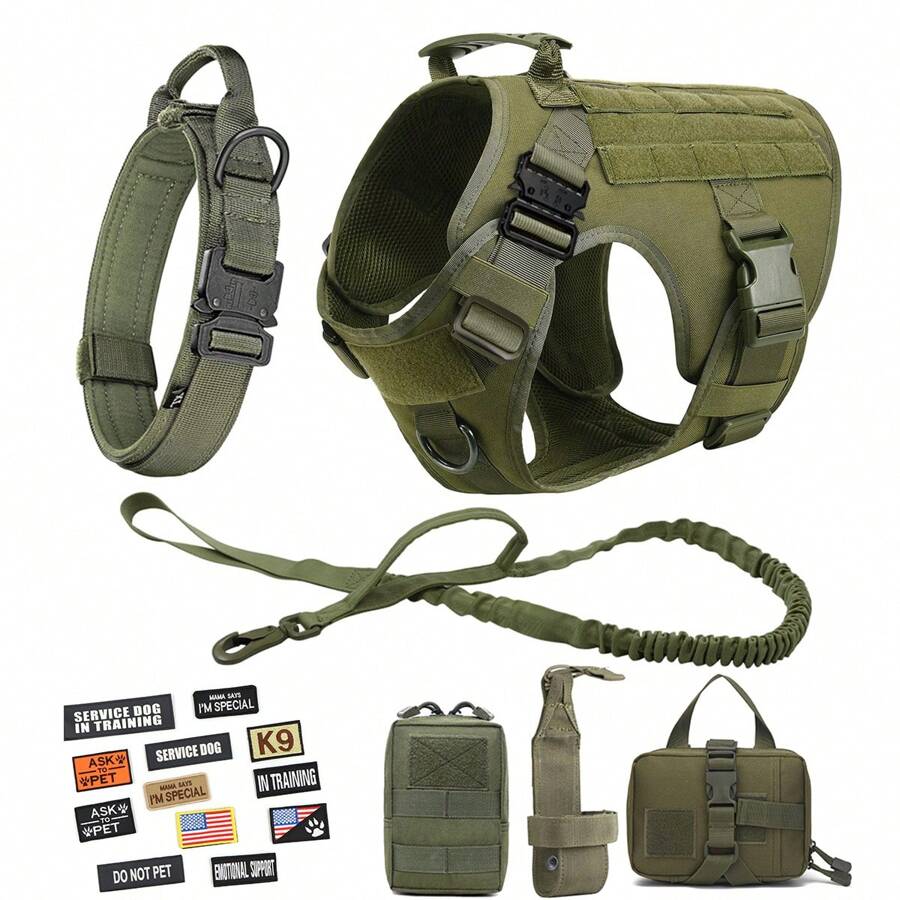 Tactical Dog Harness Set With Adjustable Training Vest, Leash, Collar, 12pcs Patches, Water Bottle Holder And Waist Bag For Small, Medium And Large Dog Breeds - Durable Nylon Fabric With Heavy Duty Metal Buckles - xanh quân đội - Xem 1