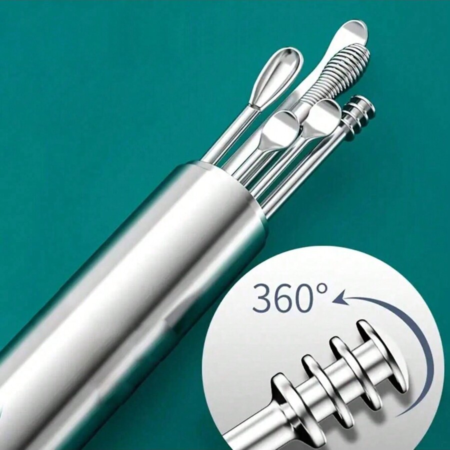 6pcs Stainless Steel Ear Wax Removal Kit, Portable Spiral Spring Ear