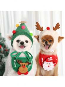 2pcs/Set Christmas Pet Hat & Bib Set, Cat Clothes & Dog Bibs For Winter, Fits 8-15 Lbs Pets