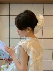 1pc Oversize 18cm Lace Scrunchie, Double Layer Floral Lace Bohemian Polyester Hair Accessory, Suitable For Spring, Summer, Beach, Wedding Scrunchies Hair Ties Scrunchy Hair Ties