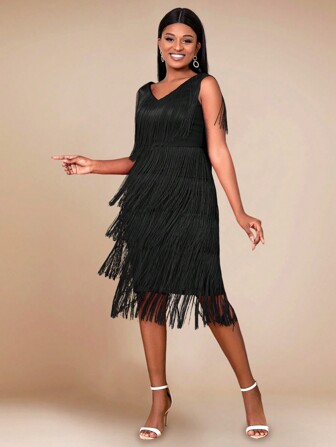 AOMEI Women's Sexy V-Neck Sleeveless Fringe Midi Black Dress, Perfect For Wedding, Wedding Guest, Bridal Shower, Bachelorette Elegant Party, Vacation, Birthday, Graduation, Dinner, Homecoming & New Year's Eve