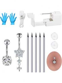 AVYRING 13 Stücke Bauchnabelpiercing-Set, Lange Bauchnabelpiercing-Pistolen-Nadeln-Set aus rostfreiem Stahl, Zunge, Ohr-Piercing-Pistole, Bauch-Lippen-Körper-Piercing-Nadel-Werkzeug-Sets, Nabelpiercing für Frauen