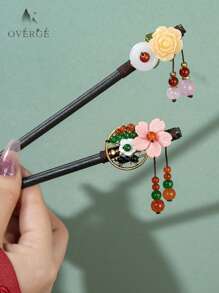 六件套新款中式3D木质发簪，包括粉色五瓣樱花、蓝色圆月、彩色花朵、牡丹花、金色3D小兔子、绿叶装饰和串珠流苏饰品。复古宫廷风发簪，适合搭配汉服、旗袍，打造优雅的日常及派对发髻，也可用作发髻器、发饰、发饰、情人节配饰、女士发饰，春季必备。 - 彩色 - 查看 3