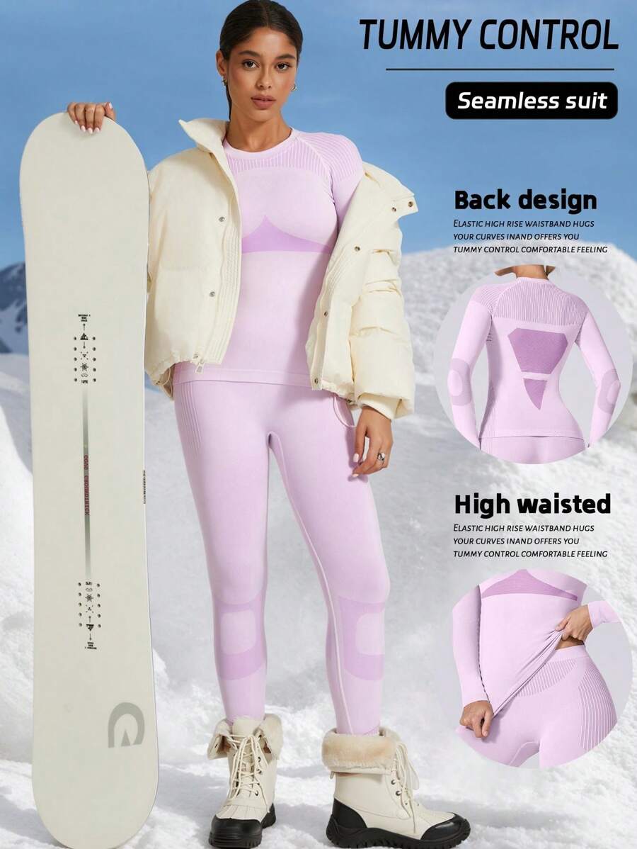 女士圆领速干保暖滑雪服打底套装 - 紫色 - 查看 1