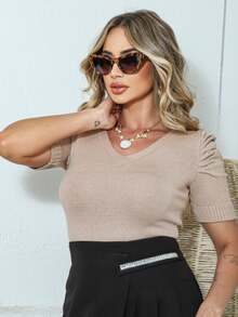 Women's Basic Knit Blouse Summer Modal V-Neck Puff Sleeve | T-Shirt Blouse T-Shirt Look Knit - 綠色 - 查看 4