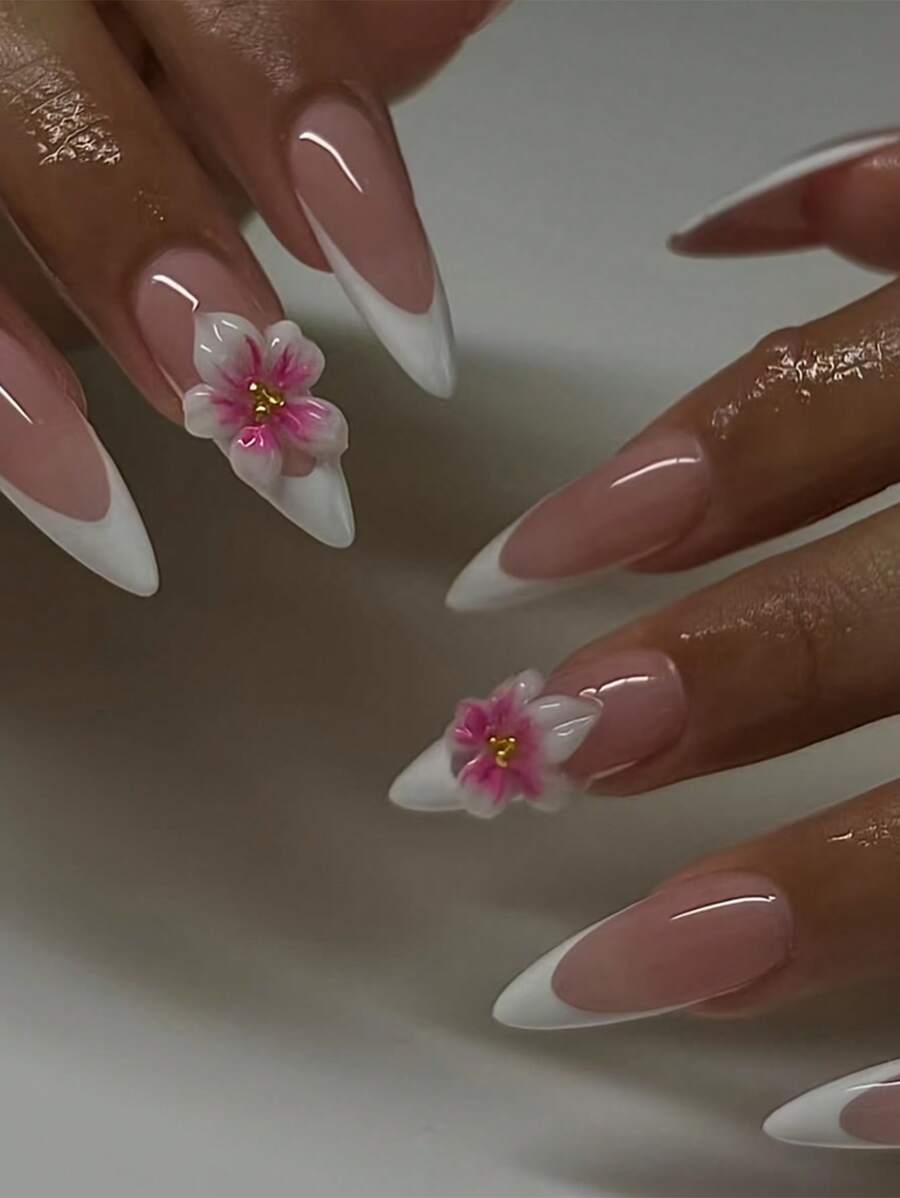 10 件手工制作的法式花卉尖头假指甲 - 杏仁形状，3D 花卉和水晶装饰，粉色/裸色闪光效果，新款欧美中长尖头风格，艺术美甲，优雅的度假氛围，精致的 3D 花卉迷人，适合女士和女孩日常和派对穿着，优质按压式指甲长指甲用品指甲