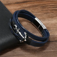 Bracelet mode pour homme , bracelet multi-fonction cool tressé multi-couches avec boucle magnétique à ancre pour homme