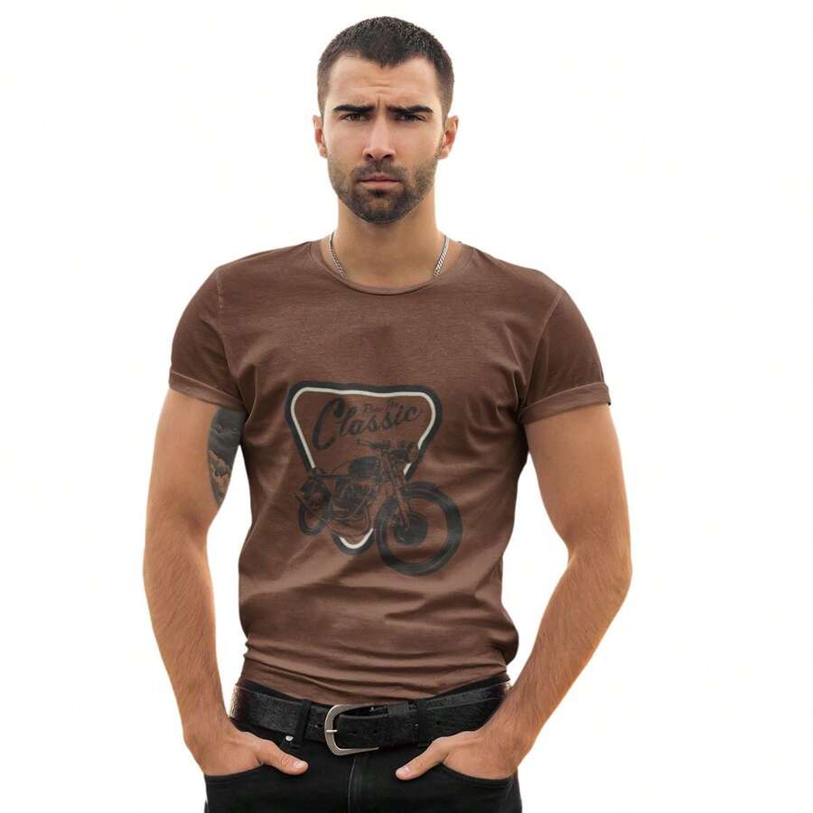 Áo thun nam in hình xe máy chất liệu cotton cao cấp thường ngày kiểu bạn trai, cực kỳ thoải mái, vải cao cấp - màu nâu - Xem 1