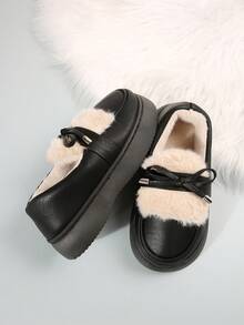 Dép giữ nhiệt chống thấm nước cho nữ, đế dày ấm áp trong nhà, giày mùa đông ngoài trời chống trượt, nơ nhung sang trọng - màu đen - Xem 6