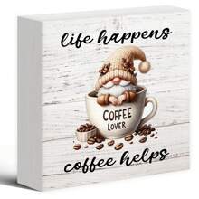 Charming Coffee Gnome PVC Decor, "Life Happens Coffee Helps" Sign, Perfect For Autumn Harvest Thanksgiving Decorations, Decorative Desk Accessory For Kitchen, Coffee Bar, Wall Shelf Display, Coffee Lover Gift Birthday Gifts Graduation