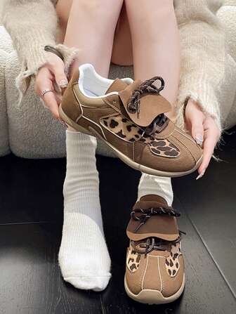 Lace-Up Leopard Print Ballet Flats For Women, Vintage Retro Slip-On Platform Shoes, Spring/Autumn