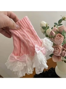 1pair Y2K Lace Ruffle Bow Decor Knit Cable Net Arm Warmers, Cute Girl Style, Suitable For Daily Use - Bow Lace Style - View 7