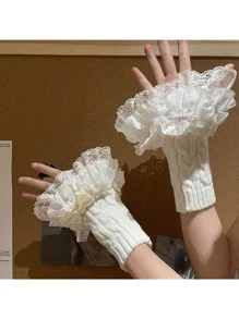 1pair Y2K Lace Ruffle Bow Decor Knit Cable Net Arm Warmers, Cute Girl Style, Suitable For Daily Use - Bow Lace Style - View 2
