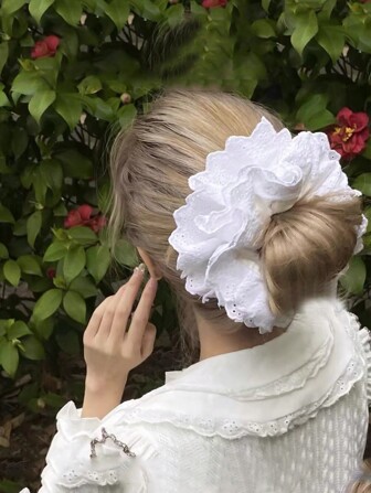 1pc Oversize 18cm Lace Scrunchie, Double Layer Floral Lace Bohemian Polyester Hair Accessory, Suitable For Spring, Summer, Beach, Wedding Scrunchies Hair Ties Scrunchy Hair Ties, Casual Ponytail