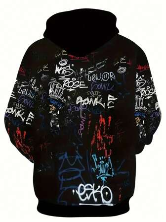 男士涂鸦图案印花连帽衫，带口袋，休闲长袖连帽运动衫，适合户外，秋季