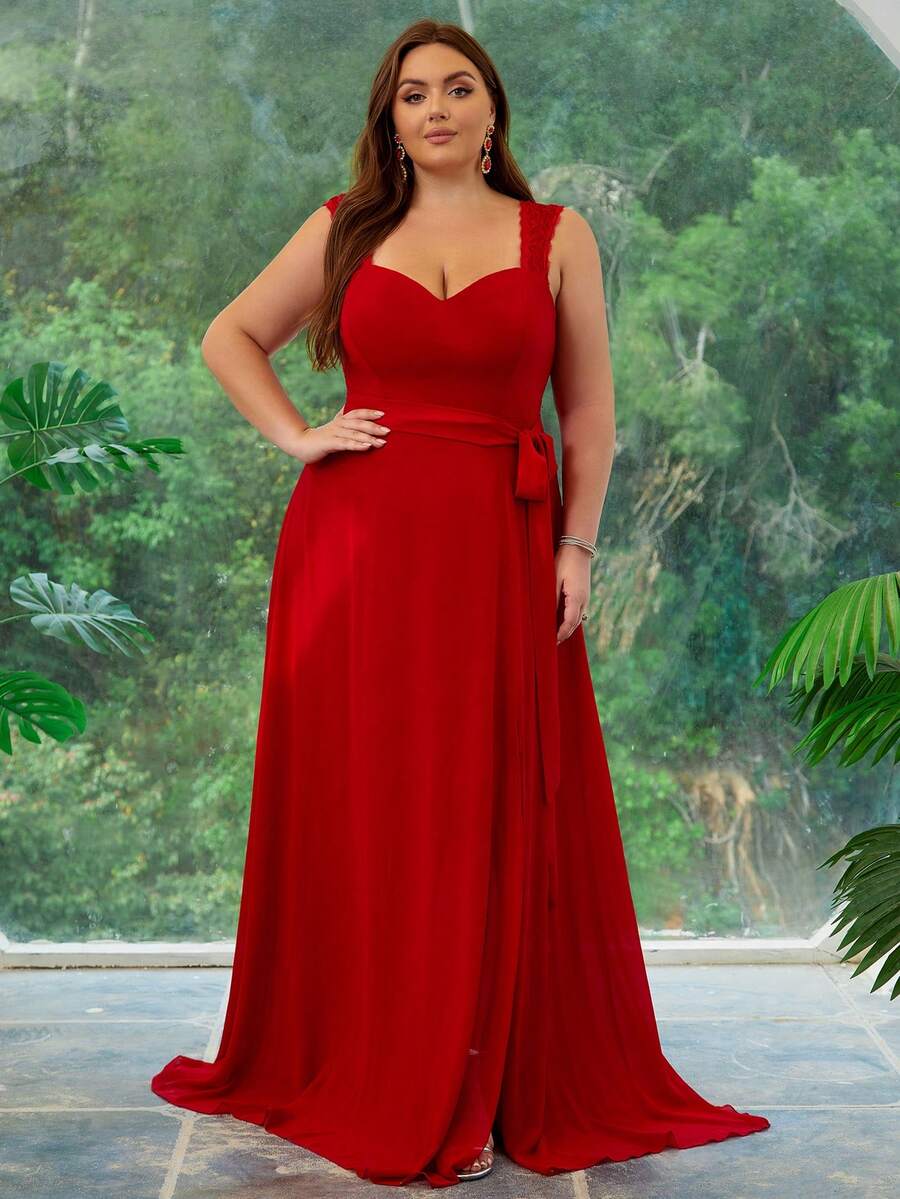 Women Plus Size Split Thigh Chiffon Bridesmaid Dress - Burgundy - View 1