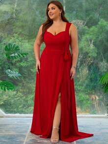 Women Plus Size Split Thigh Chiffon Bridesmaid Dress - Burgundy - View 6