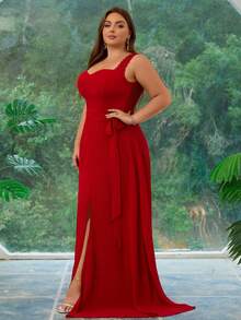 Women Plus Size Split Thigh Chiffon Bridesmaid Dress - Burgundy - View 4