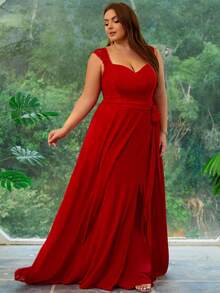 Women Plus Size Split Thigh Chiffon Bridesmaid Dress - Burgundy - View 5