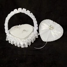 Caja con forma de cesta floral romántica en forma de corazón hecha a mano, cesta de mano con flores blancas para niña de las flores, caja para almacenar anillos de boda, decoración de boda (anillos no incluidos), regalo para el Día de San Valentín, Navidad, Día de la Madre
