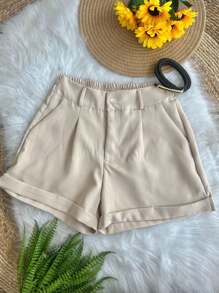 Women's Tailored Shorts With Elastic Waistband And Zip Pocket With Belt - 米色 - 查看 1
