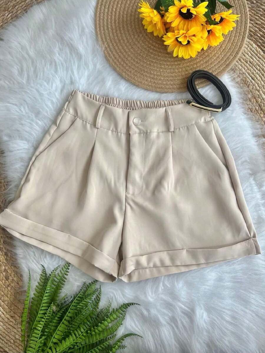 Women's Tailored Shorts With Elastic Waistband And Zip Pocket With Belt - 米色 - 查看 1