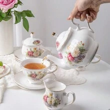 Sweejar Home 21-Pieces Porcelain Tea Set, Vintage Floral Gift Tea Set, Tea Service For Adults, With Teapot, Sugar Bowl, Creamer Pitcher And Spoons, For Tea/Coffee, Suitable For Party - 花型 - 查看 2