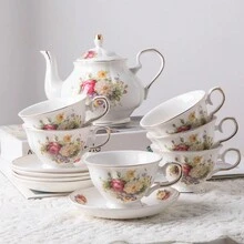 Sweejar Home 21-Pieces Porcelain Tea Set, Vintage Floral Gift Tea Set, Tea Service For Adults, With Teapot, Sugar Bowl, Creamer Pitcher And Spoons, For Tea/Coffee, Suitable For Party - 花型 - 查看 4
