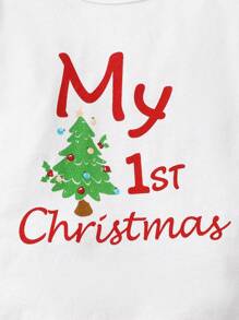 4 件套女婴圣诞装 - 带圣诞字母印花的长袖上衣、裤子、头带和帽子，秋季休闲套装 - 白色 - 查看 5