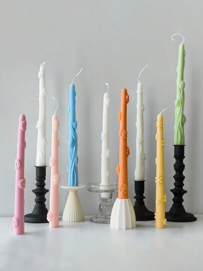 Mucegai pentru lumânare pentru tămâie cu tijă lungă pentru flori - design flori din silicon, model dungi cu flori, mâner lung,