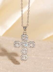 1pc European & American Rhinestone Hip Hop Style Pendant Necklace Vintage Copper Rhinestone Cross Choker Necklace Titanium Steel Necklace Pendant, Everyday Wear