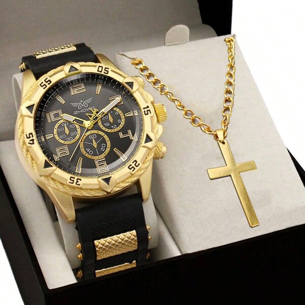 Men's Watch 2pcs Set + Necklace With Cross Rubber Fashion Casual Quartz Watch Fathers Day Graduation Gift Set