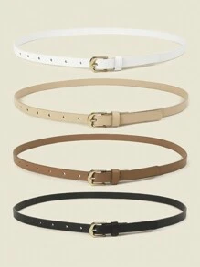 4pcs Women Classic PU Leather Belt Solid Color Simple Skinny Belt With Square Buckle For Jeans Pants - Pin Buckle - View 2
