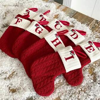 Christmas Decoration 1pc Handmade Knitted Christmas Socks Stocking Gift Bag - Embroidered Alphabet, Candy Design, Scene Decor, Room Decor, Home Decor, Holiday Party Decor, Festive Gift Idea For Family And Friends
