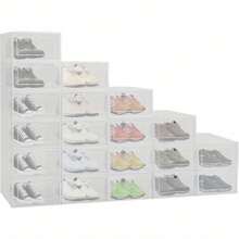 24pcs Shoe Storage Box Stackable, Clear Plastic Shoe Boxes 34x23x14cm - Foldable Shoe Organizer Containers With Lids Transparent Plastic Storage Box Suitable For Women White