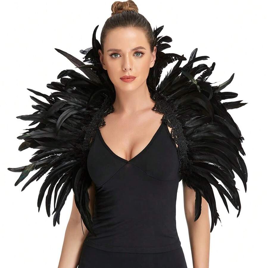 Women's Gothic Black Feather Shoulder Wing Costume, Raven Swan Witch Outfit For Halloween, Vintage Style, Adjustable Fit - 黑色 - 查看 1
